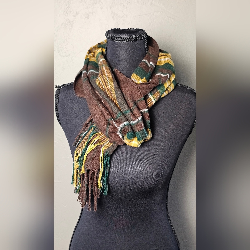 [MERONA] Brown, Yellow, Green & White Plaid Pattern Acrylic Scarf